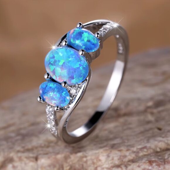 NEW 14k White Gold Blue Opal Diamond Ring Oval Cut Ring - Picture 1 of 6